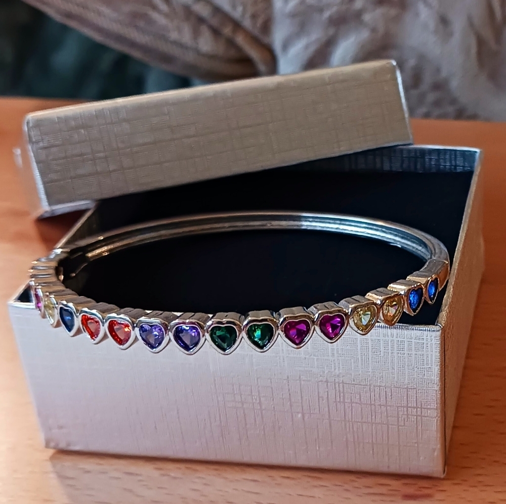STERLING Silver Bangle Bracelet with Sparkling Colorful Heart Shaped Gemstones - Picture 13 of 15
